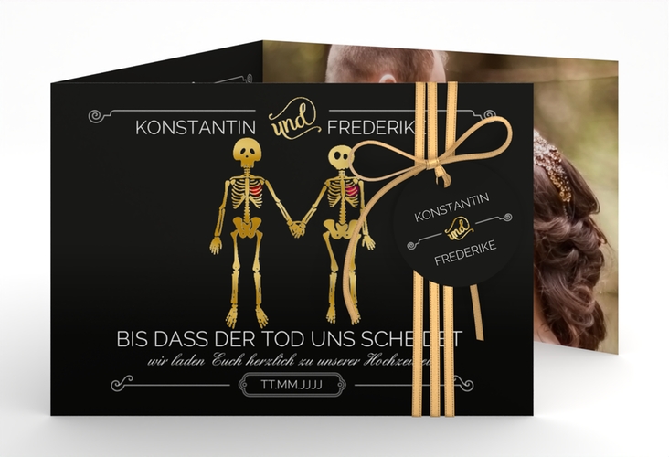 Hochzeitseinladung Bones A6 Doppel-Klappkarte gold