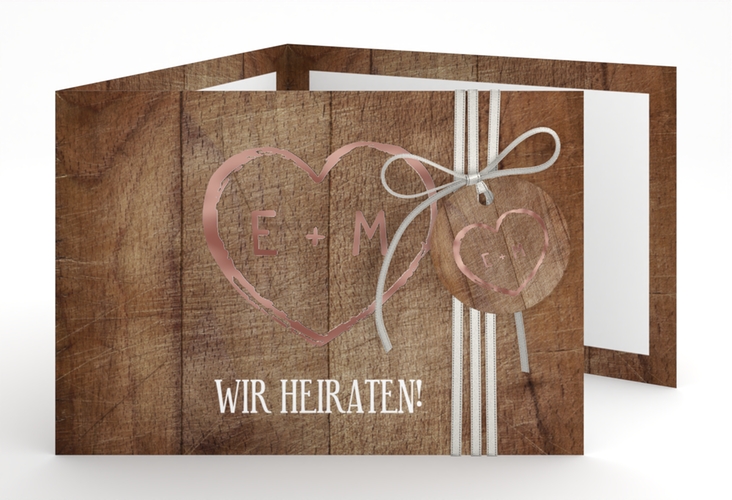 Hochzeitseinladung Wood A6 Doppel-Klappkarte rosegold