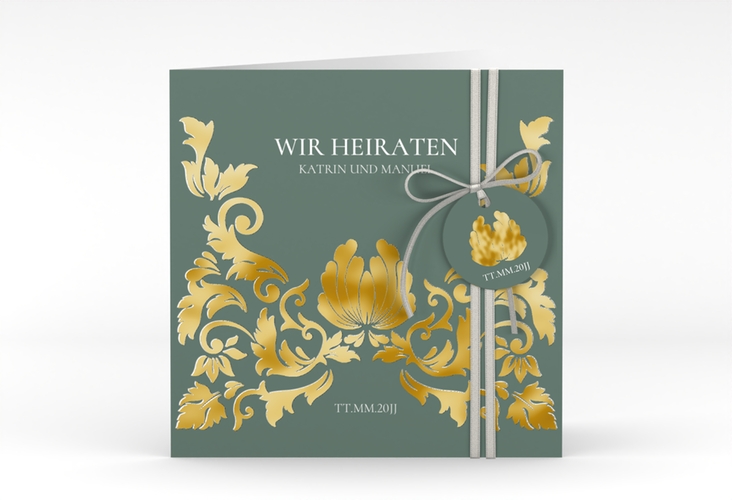 Hochzeitseinladung Royal quadr. Klappkarte gruen gold mit barockem Blumen-Ornament