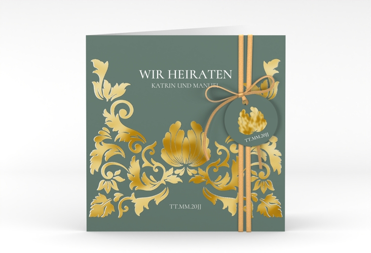 Hochzeitseinladung Royal quadr. Klappkarte gruen gold mit barockem Blumen-Ornament