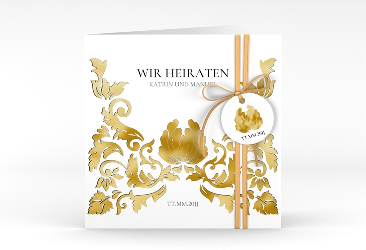 Hochzeitseinladung Royal quadr. Klappkarte weiss gold mit barockem Blumen-Ornament