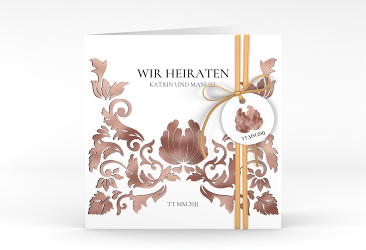 Hochzeitseinladung Royal quadr. Klappkarte weiss rosegold mit barockem Blumen-Ornament