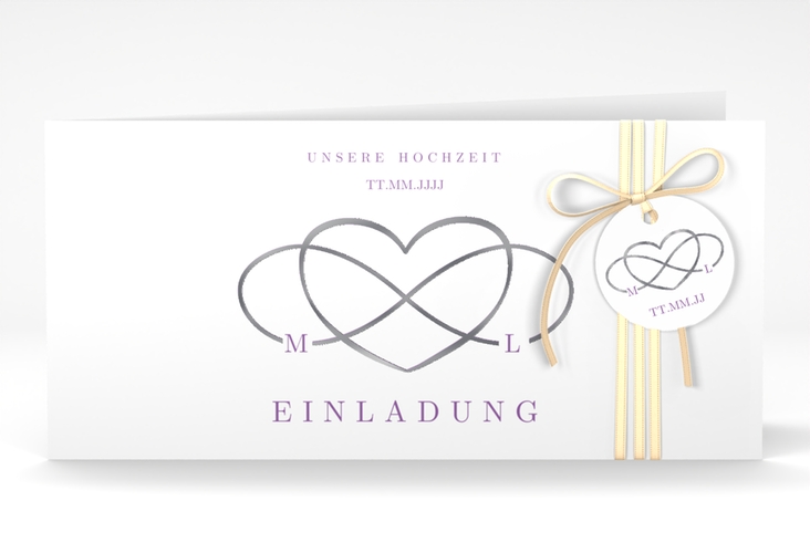 Hochzeitseinladung Infinity lange Klappkarte quer lila silber