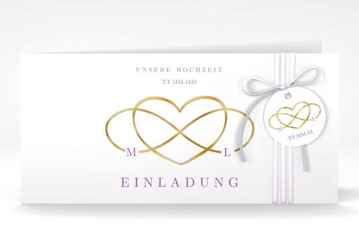 Hochzeitseinladung Infinity lange Klappkarte quer lila gold