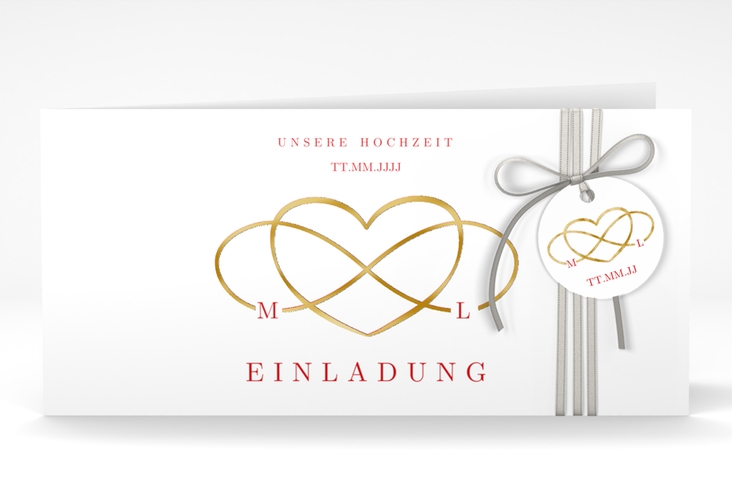 Hochzeitseinladung Infinity lange Klappkarte quer rot gold