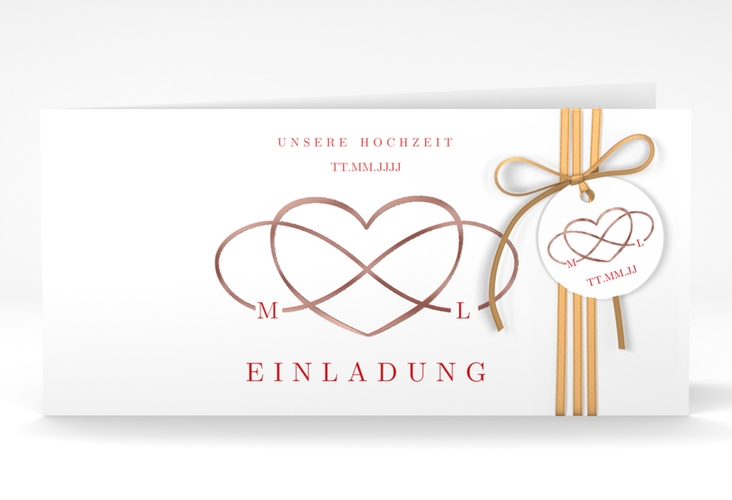 Hochzeitseinladung Infinity lange Klappkarte quer rot rosegold