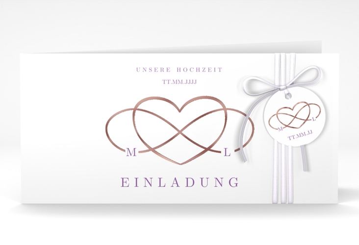 Hochzeitseinladung Infinity lange Klappkarte quer lila rosegold