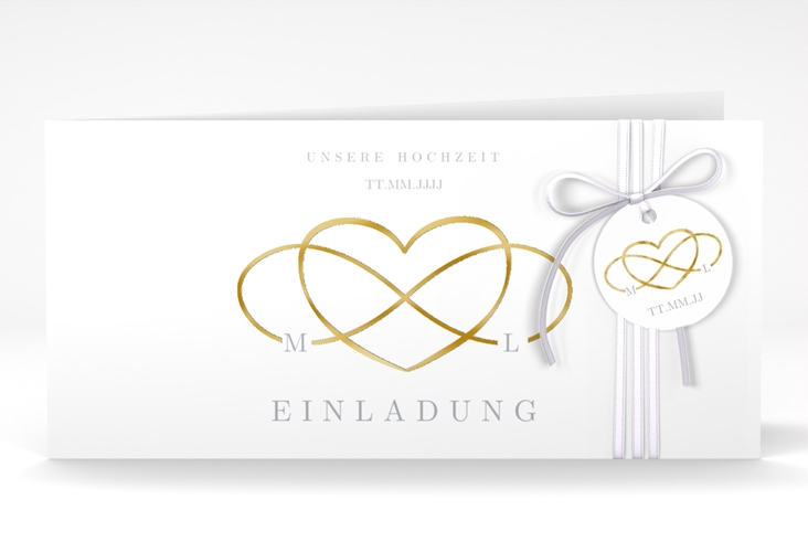 Hochzeitseinladung Infinity lange Klappkarte quer grau gold