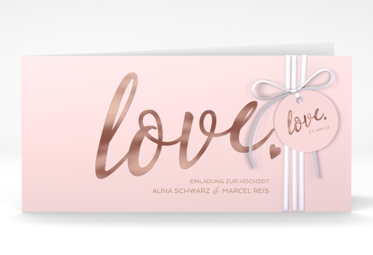 Hochzeitseinladung Glam lange Klappkarte quer rosa rosegold