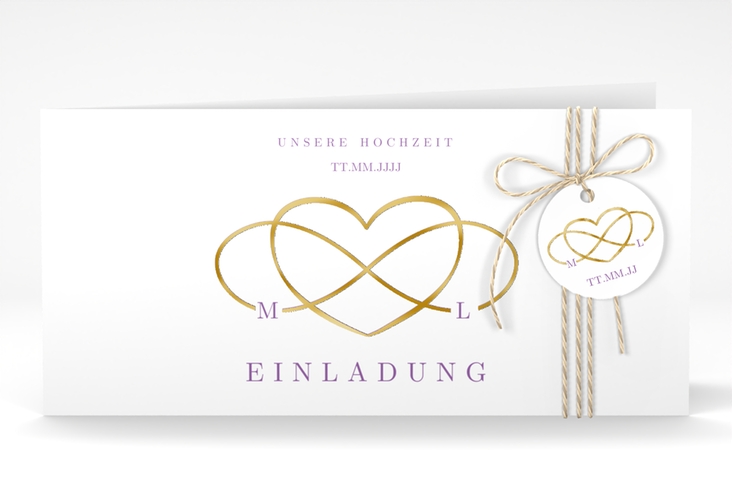 Hochzeitseinladung Infinity lange Klappkarte quer lila gold