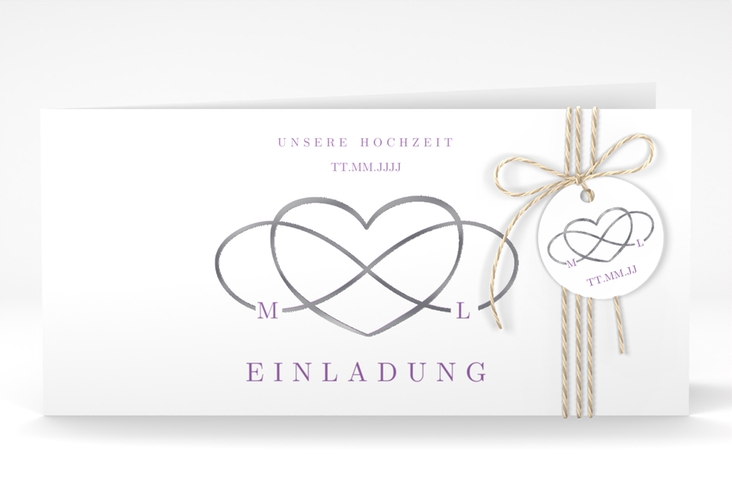 Hochzeitseinladung Infinity lange Klappkarte quer lila silber