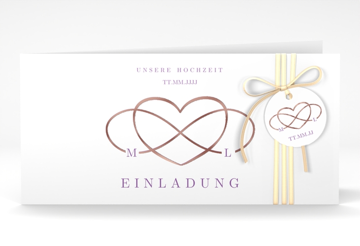 Hochzeitseinladung Infinity lange Klappkarte quer lila rosegold