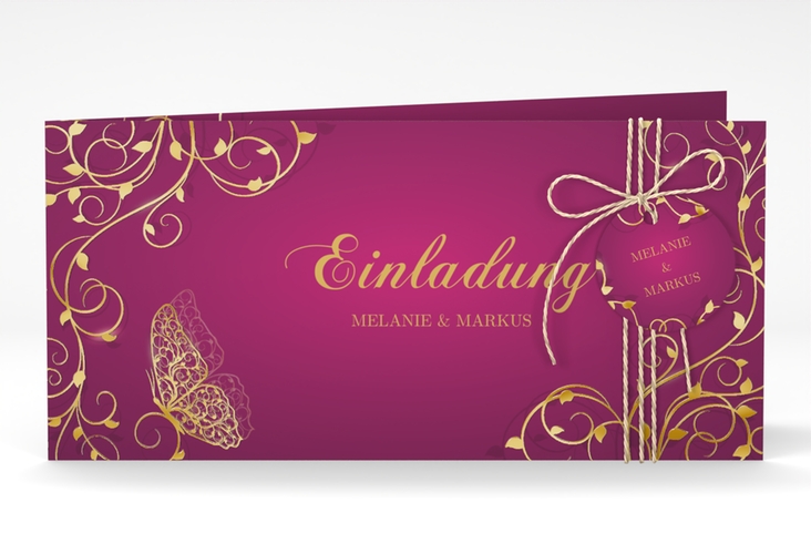 Hochzeitseinladung Eternity lange Klappkarte quer pink gold