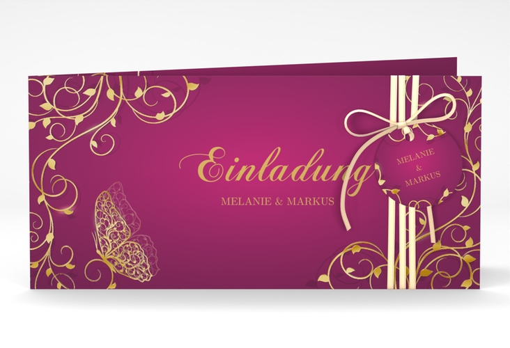 Hochzeitseinladung Eternity lange Klappkarte quer pink gold