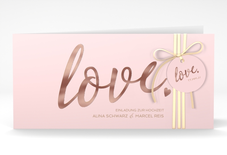 Hochzeitseinladung Glam lange Klappkarte quer rosa rosegold