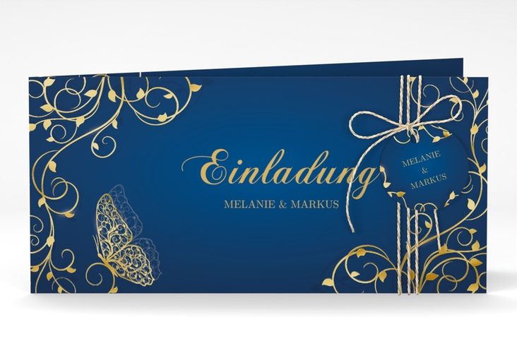 Hochzeitseinladung Eternity lange Klappkarte quer blau gold