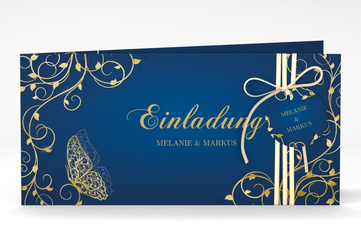 Hochzeitseinladung Eternity lange Klappkarte quer blau gold