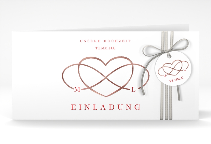 Hochzeitseinladung Infinity lange Klappkarte quer rot rosegold