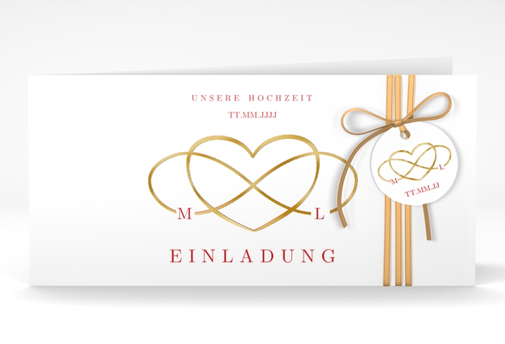 Hochzeitseinladung Infinity lange Klappkarte quer rot gold