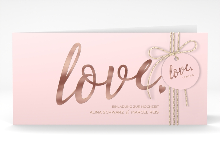 Hochzeitseinladung Glam lange Klappkarte quer rosa rosegold