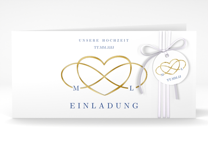 Hochzeitseinladung Infinity lange Klappkarte quer blau gold