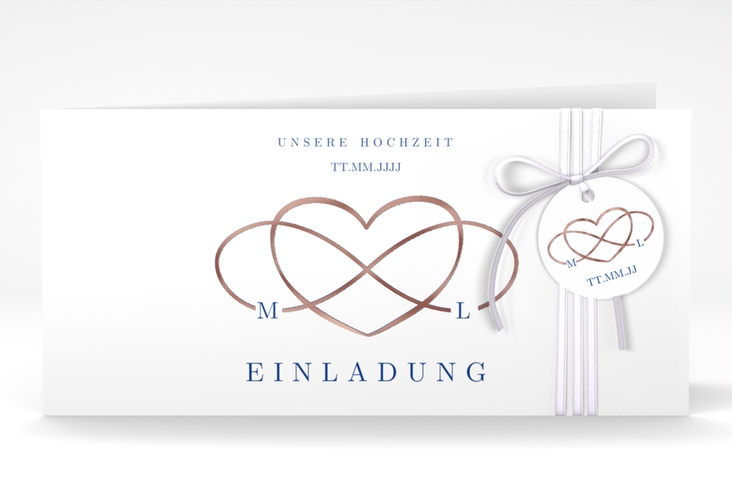 Hochzeitseinladung Infinity lange Klappkarte quer blau rosegold