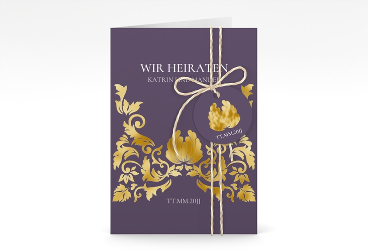 Einladungskarte Hochzeit Royal A6 Klappkarte hoch lila gold mit barockem Blumen-Ornament