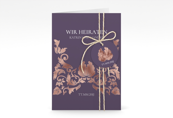 Einladungskarte Hochzeit Royal A6 Klappkarte hoch lila rosegold mit barockem Blumen-Ornament