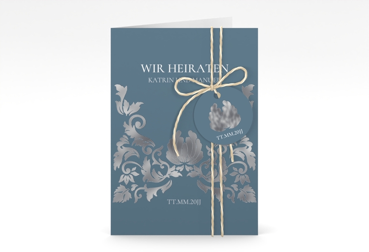 Einladungskarte Hochzeit Royal A6 Klappkarte hoch blau silber mit barockem Blumen-Ornament