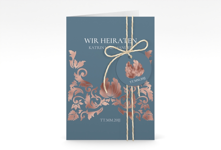 Einladungskarte Hochzeit Royal A6 Klappkarte hoch blau rosegold mit barockem Blumen-Ornament