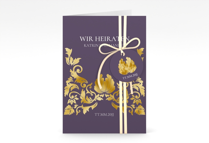 Einladungskarte Hochzeit Royal A6 Klappkarte hoch lila gold mit barockem Blumen-Ornament