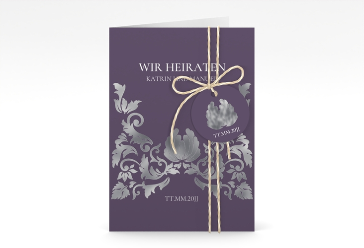 Einladungskarte Hochzeit Royal A6 Klappkarte hoch lila silber mit barockem Blumen-Ornament