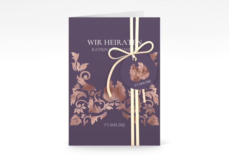 Einladungskarte Hochzeit Royal A6 Klappkarte hoch lila rosegold mit barockem Blumen-Ornament