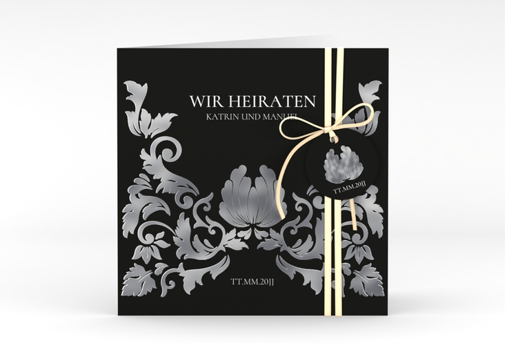 Hochzeitseinladung Royal quadr. Klappkarte schwarz silber mit barockem Blumen-Ornament