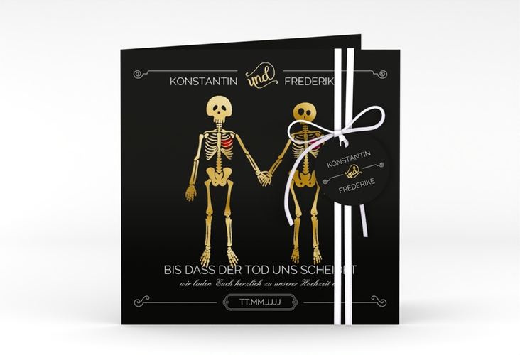 Hochzeitseinladung Bones quadr. Klappkarte schwarz gold