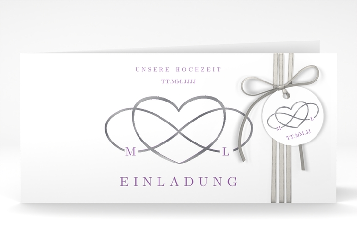 Hochzeitseinladung Infinity lange Klappkarte quer lila silber