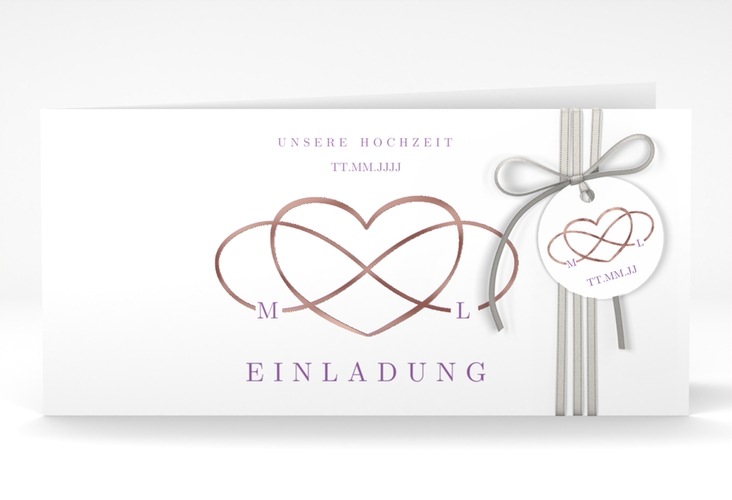 Hochzeitseinladung Infinity lange Klappkarte quer lila rosegold