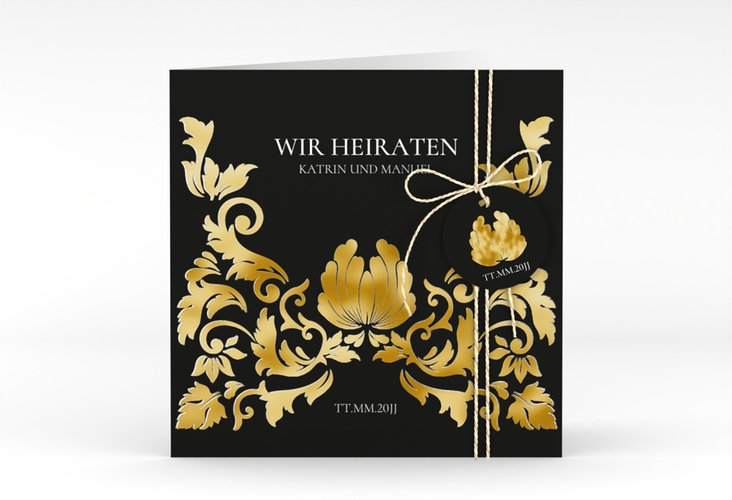 Hochzeitseinladung Royal quadr. Klappkarte schwarz gold mit barockem Blumen-Ornament