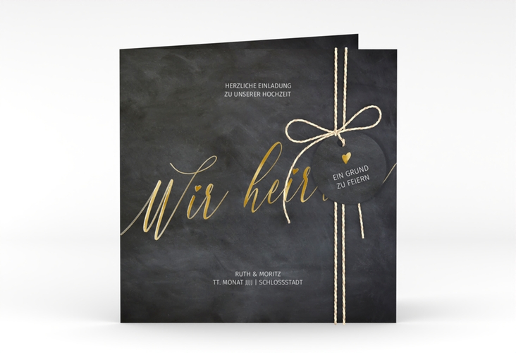 Hochzeitseinladung Chalkboard quadr. Klappkarte schwarz gold mit Folienveredelung