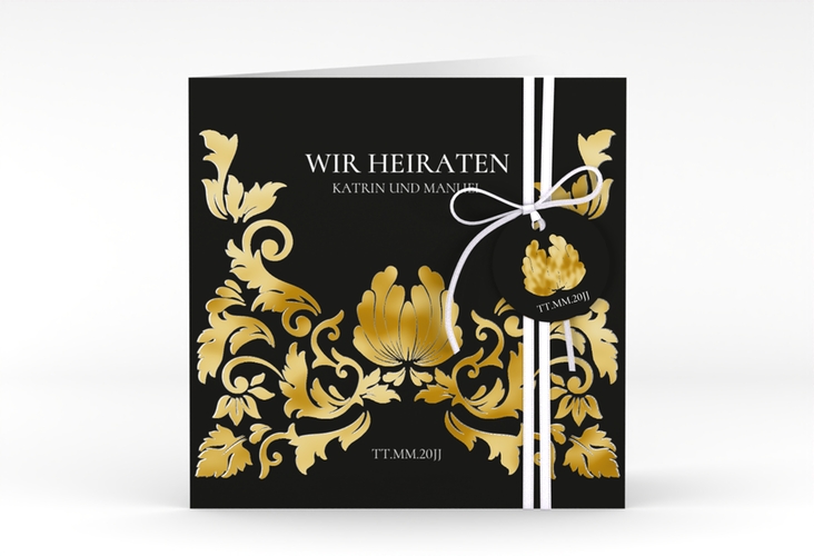 Hochzeitseinladung Royal quadr. Klappkarte schwarz gold mit barockem Blumen-Ornament