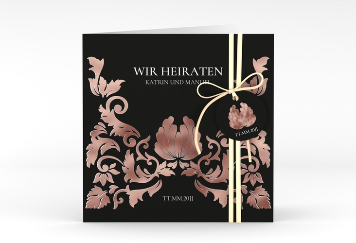 Hochzeitseinladung Royal quadr. Klappkarte schwarz rosegold mit barockem Blumen-Ornament