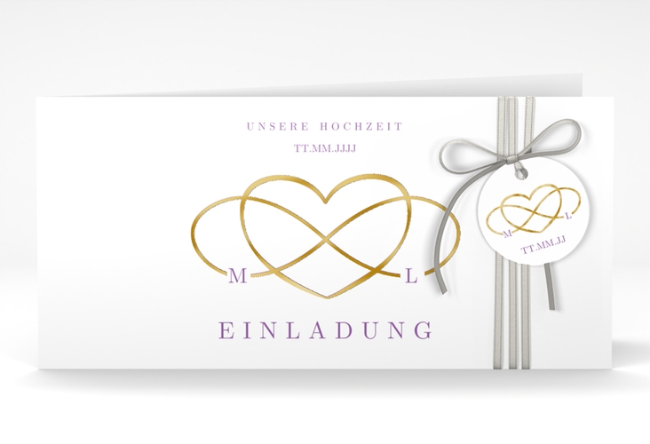 Hochzeitseinladung Infinity lange Klappkarte quer lila gold