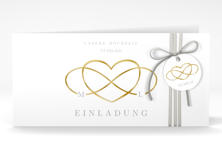 Hochzeitseinladung Infinity lange Klappkarte quer grau gold