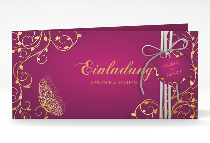 Hochzeitseinladung Eternity lange Klappkarte quer pink gold