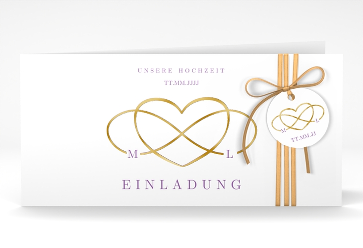 Hochzeitseinladung Infinity lange Klappkarte quer lila gold