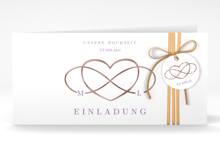 Hochzeitseinladung Infinity lange Klappkarte quer lila rosegold