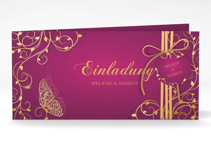 Hochzeitseinladung Eternity lange Klappkarte quer pink gold