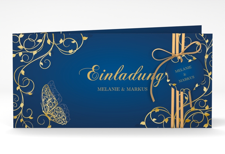 Hochzeitseinladung Eternity lange Klappkarte quer blau gold