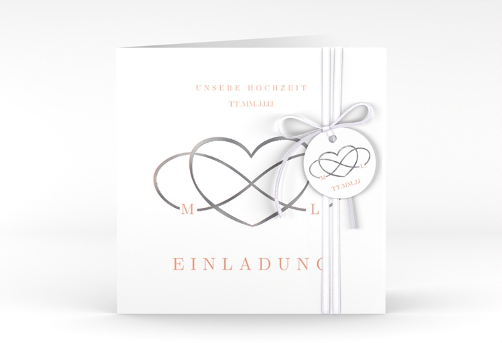 Hochzeitseinladung Infinity quadr. Klappkarte apricot silber