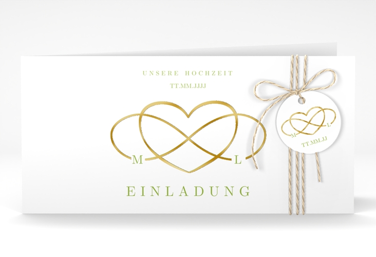 Hochzeitseinladung Infinity lange Klappkarte quer gruen gold